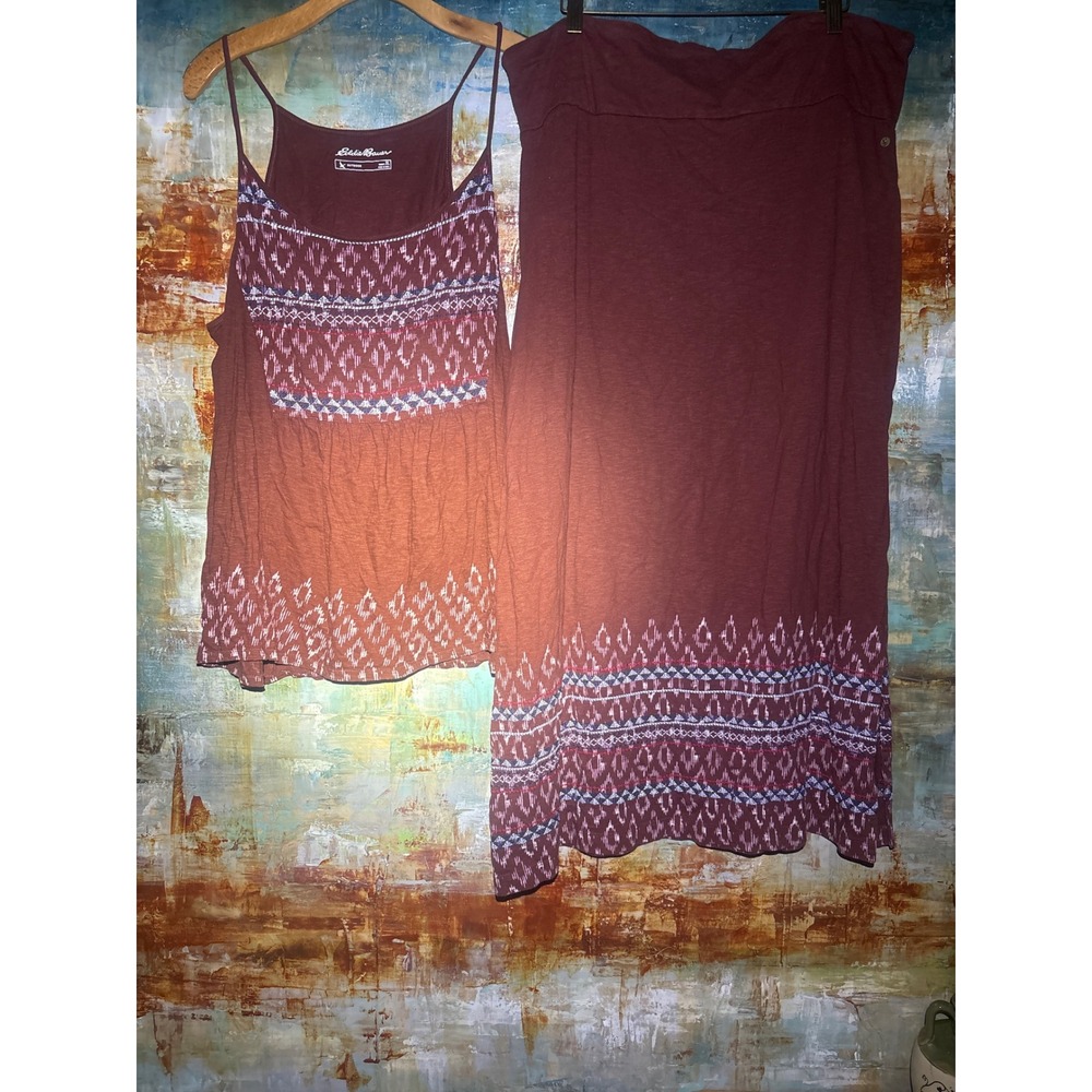 Eddie Bauer Womens XL Rust‎ Brown Embroidered Cotton Tank and Maxi Skirt Set
